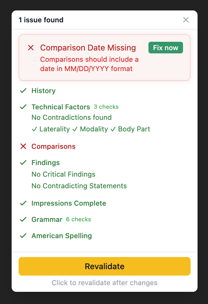 Skia QA checklist showing 1 issue found with comparison date missing, history, technical factors, findings, impressions, grammar, and spelling checks